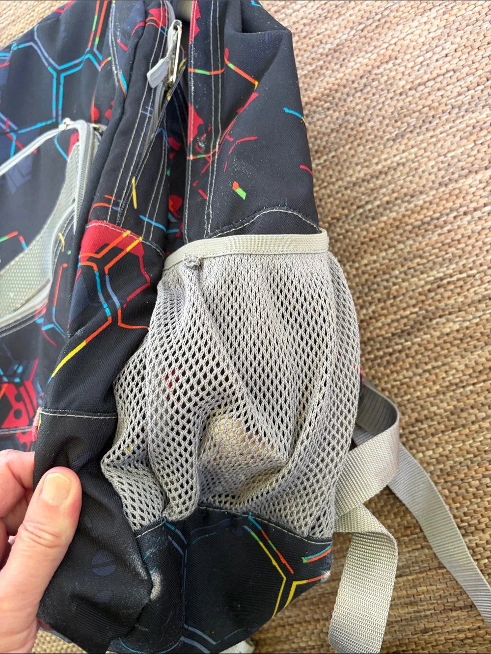 L.L. Bean Black Backpack with Red and Blue Geometric Print